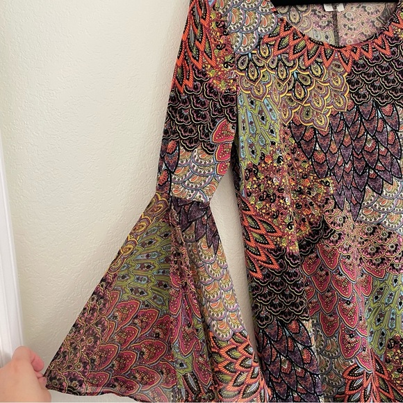MSK 70’s Style Multicolor Peacock Bell Sleeve Above the Knee Dress Large - Picture 3 of 6